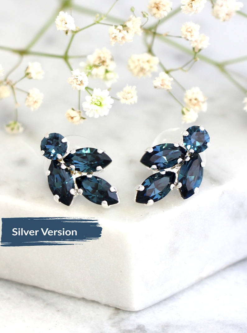 Blue Clip On Earrings, Bridal Blue navy Clip On Earrings, Dark Blue Crystal Bridal Clip On Earrings, Sapphire Dark Blue Crystal Earrings image 4