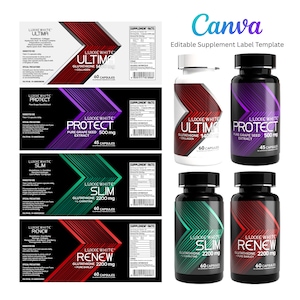 Pode incluir: Imagem de frascos e rótulos de suplementos. Os rótulos exibem a marca "LUXXE WHITE" com nomes de produtos como "ULTIMA", "PROTECT", "SLIM" e "RENEW". As garrafas são pretas e brancas, com detalhes coloridos.