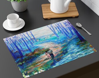 Hand Drawn Washable Placemats with Romantic Forest Path Art, Linen Placemats for Retro Table Mat or Couple Gift