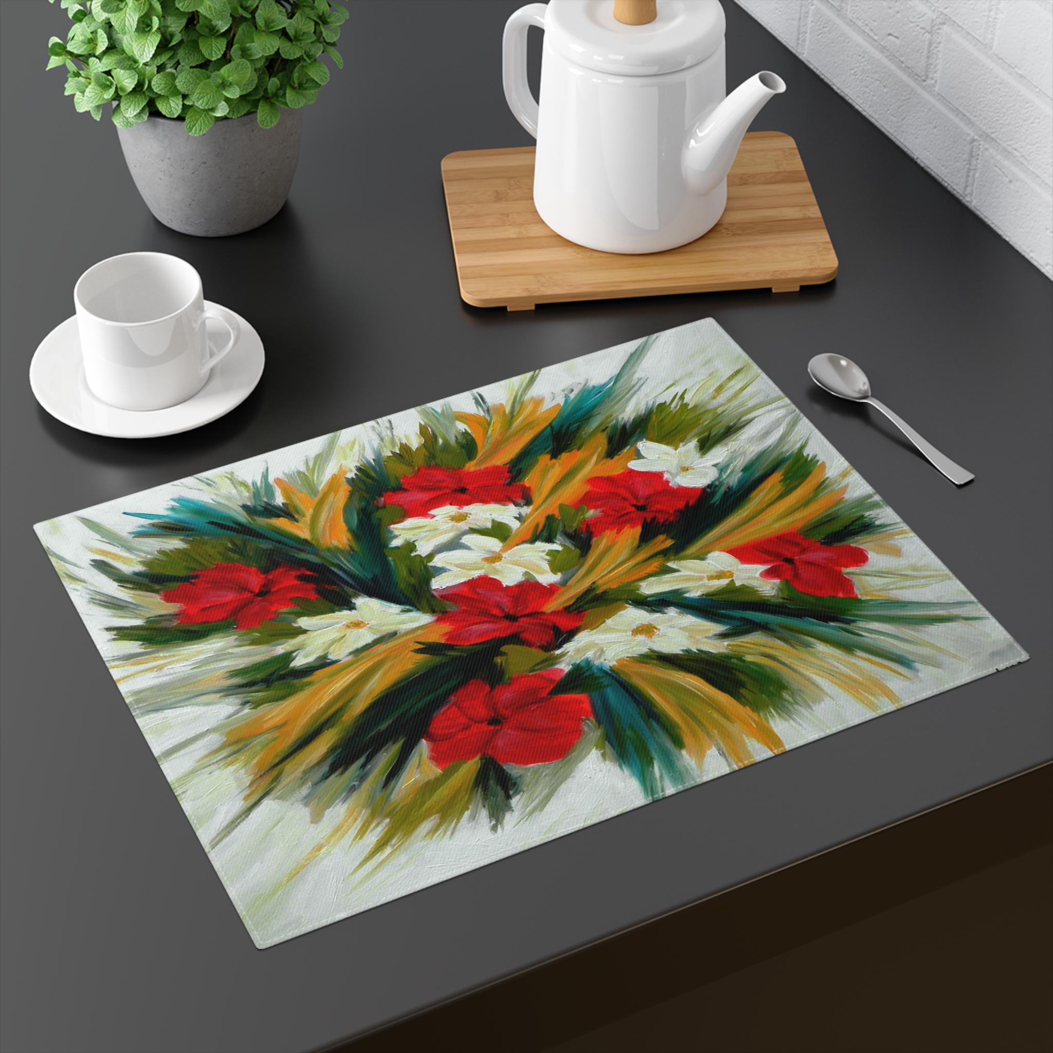 Hand Drawn Washable Placemats with Bold Red and White Flowers, Linen Placemats for Retro Table Mat or Fall Table Decor