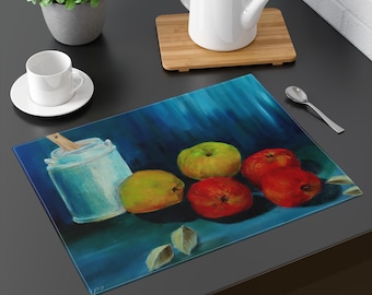 Hand Drawn Washable Placemats with Apples and Yogurt Jar, Linen Placemats for Retro Table Mat or Fall Kitchen Decor