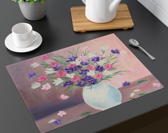 Hand Drawn Washable Placemats with Pink and Purple Wildflowers in Vase, Linen Placemats for Retro Table Mat or Hostess Gift