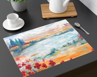 Hand Drawn Washable Placemats with Lakeside Landscape Art, Linen Placemats for Retro Table Mat or Nature Lover Gift
