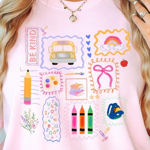 Comfort Colors Trendy Teacher Shirt, Colorful Doodle Back To School Shirt, Preppy Coquette School T-shirt, Girly Pink Bow Tee, Teacher Gifts