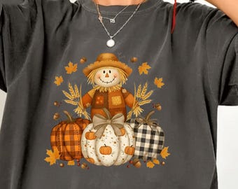 Comfort Colors® patchwork scarecrow Fall Shirt, Autumn Harvest Graphic Tee, Thanksgiving Shirt, Rustic Plaid Pumpkin Top, Pumpkin Fall Gift