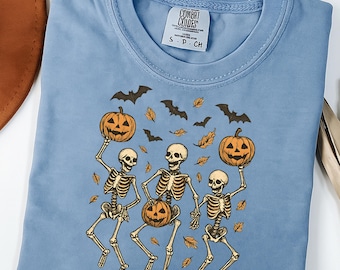 Dansend skelet Halloween-shirt, luxe skelet-T-shirt voor skeletliefhebbers, muzikanten, vintage griezelig feest grafisch T-shirt
