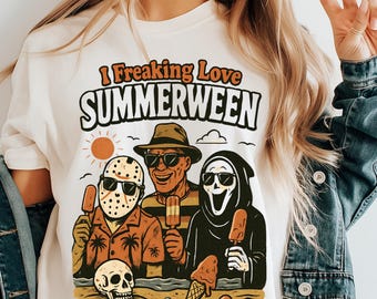 I Freaking Love Summerween Shirt, lustiges gruseliges Sommer T-Shirt, Horror Charaktere Strand Vibes, Comfort Colors® Halloween T-Shirt, Halloween