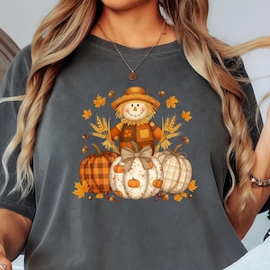Pumpkin Scarecrow Fall T-Shirt, Autumn Harvest Graphic Tee, Comfort Colors® Thanksgiving Shirt, Rustic Plaid Pumpkin Top image 4