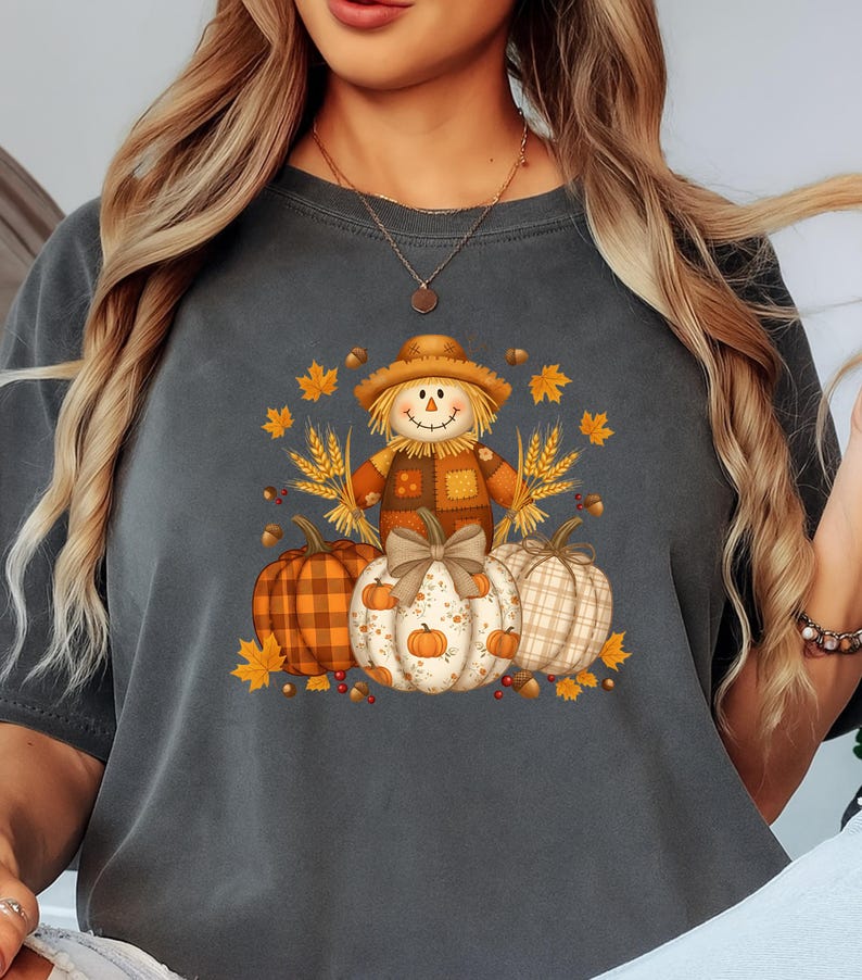 Pumpkin Scarecrow Fall T-Shirt, Autumn Harvest Graphic Tee, Comfort Colors® Thanksgiving Shirt, Rustic Plaid Pumpkin Top image 4