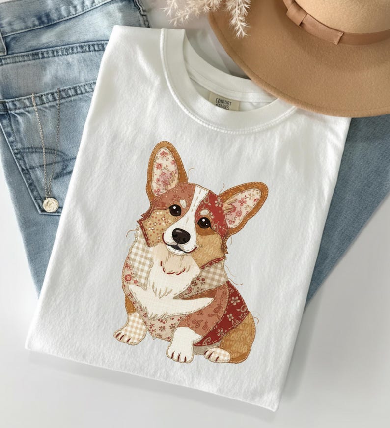 Faux Patchwork Corgi dog Shirt, Cute dog Graphic Tee, Vintage Quilt Style T Shirt, Corgi Lover Gift, Dog Mom Gift Comfort Colors Tee image 3