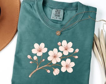 Camiseta con estampado floral de cerezo en flor de Sakura, colores cómodos, camiseta con flores japonesas, un bonito regalo estético para niñas y mujeres.