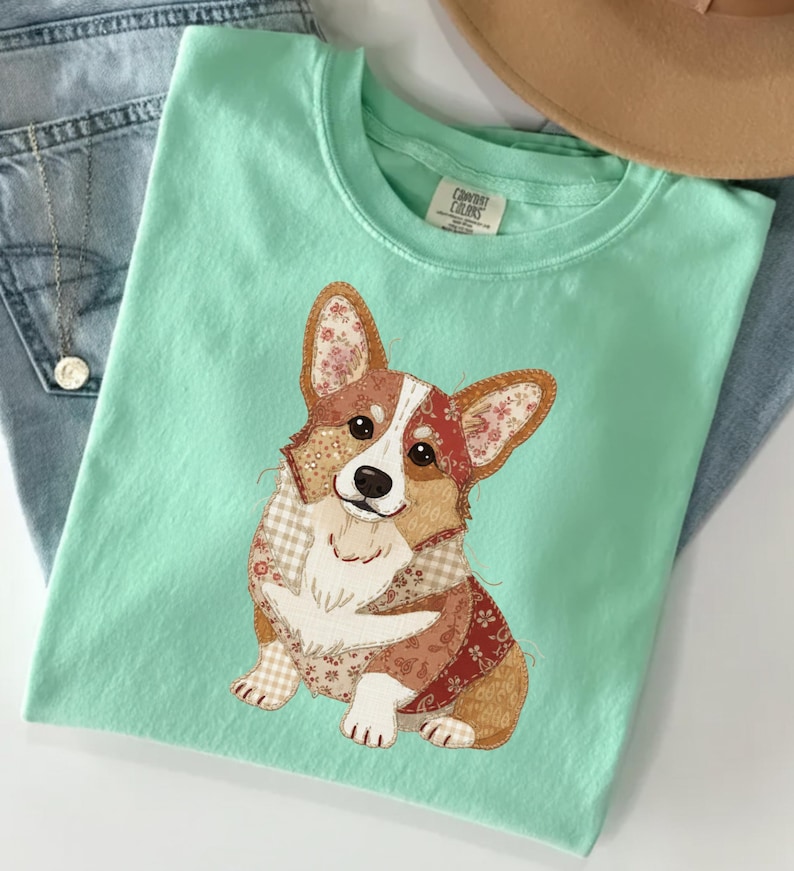 Faux Patchwork Corgi dog Shirt, Cute dog Graphic Tee, Vintage Quilt Style T Shirt, Corgi Lover Gift, Dog Mom Gift Comfort Colors Tee image 5