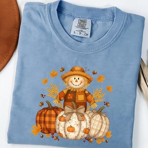 Pumpkin Scarecrow Fall T-Shirt, Autumn Harvest Graphic Tee, Comfort Colors® Thanksgiving Shirt, Rustic Plaid Pumpkin Top image 2