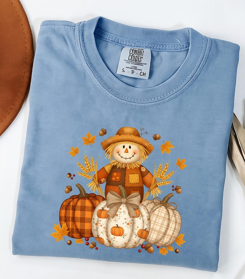 Pumpkin Scarecrow Fall T-Shirt, Autumn Harvest Graphic Tee, Comfort Colors® Thanksgiving Shirt, Rustic Plaid Pumpkin Top image 2