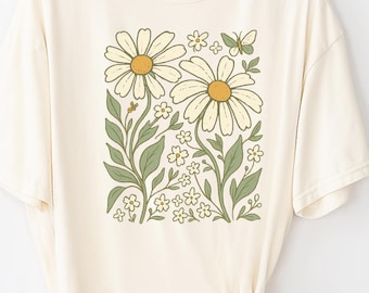 Boho Daisy Flower, Tee Comfort Colors Botanical Shirt, Retro Floral T-Shirt, Wildflower Plant Shirt, Gardener Gift, Trendy Nature-Inspired