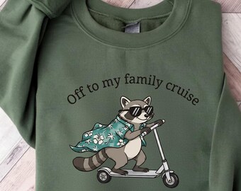 Camiseta de manga comprida "Rumo ao meu cruzeiro em família" com estampa de guaxinim, perfeita para férias divertidas em família, ideal para um cruzeiro de verão em grupo ou para uma viagem de férias em família.