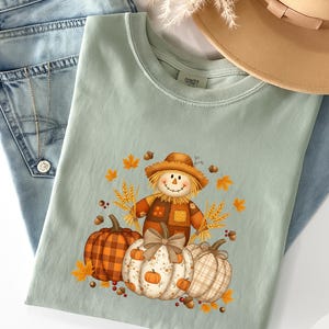 Pumpkin Scarecrow Fall T-Shirt, Autumn Harvest Graphic Tee, Comfort Colors® Thanksgiving Shirt, Rustic Plaid Pumpkin Top image 5