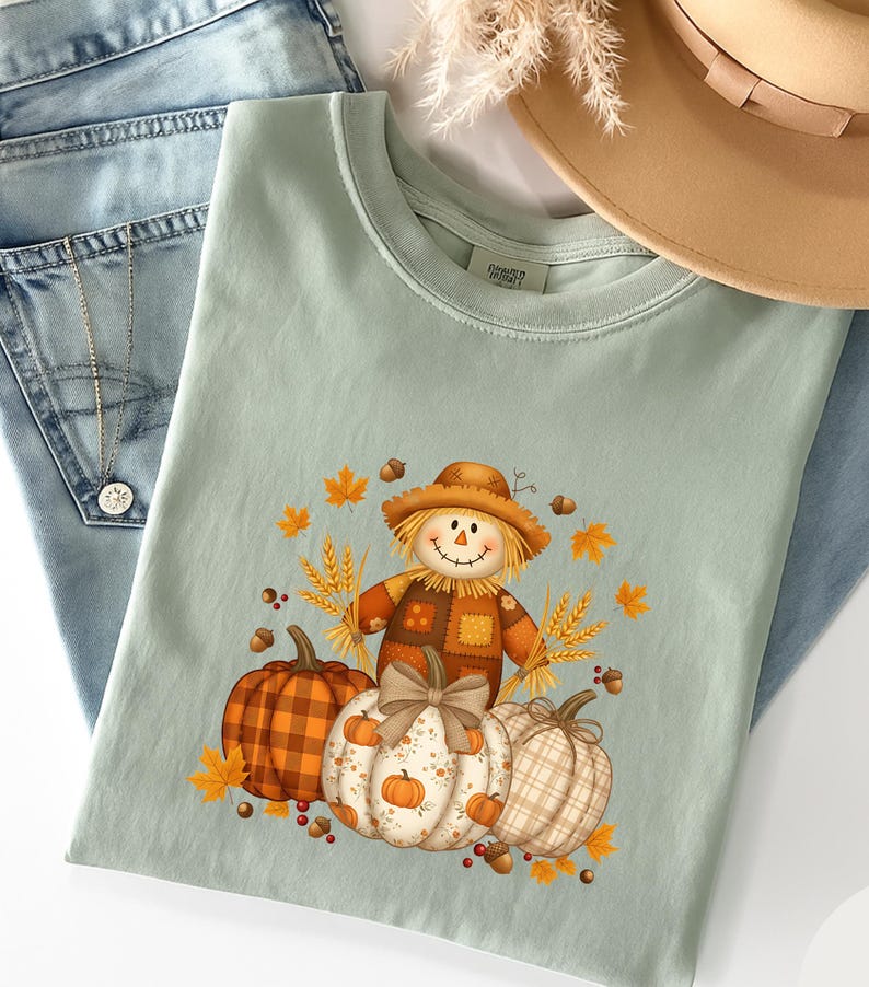 Pumpkin Scarecrow Fall T-Shirt, Autumn Harvest Graphic Tee, Comfort Colors® Thanksgiving Shirt, Rustic Plaid Pumpkin Top image 5