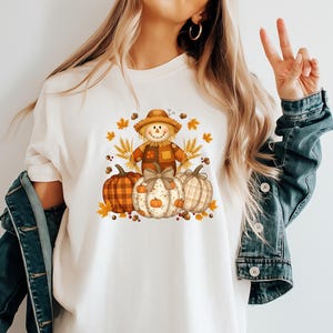 Pumpkin Scarecrow Fall T-Shirt, Autumn Harvest Graphic Tee, Comfort Colors® Thanksgiving Shirt, Rustic Plaid Pumpkin Top image 3