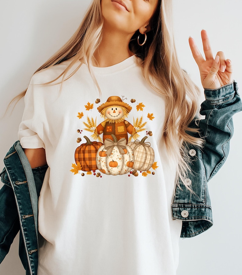 Pumpkin Scarecrow Fall T-Shirt, Autumn Harvest Graphic Tee, Comfort Colors® Thanksgiving Shirt, Rustic Plaid Pumpkin Top image 3