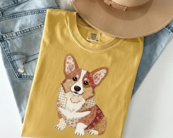 Camiseta con estampado de perro Corgi en imitación patchwork, camiseta con estampado de perro adorable, camiseta estilo patchwork vintage, regalo para amantes de los Corgis, regalo para mamás perrunas. Camiseta Comfort Colors.