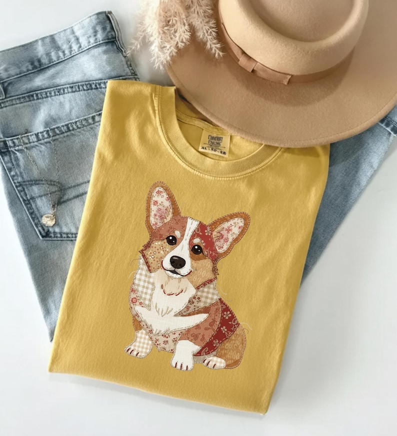 Faux Patchwork Corgi dog Shirt, Cute dog Graphic Tee, Vintage Quilt Style T Shirt, Corgi Lover Gift, Dog Mom Gift Comfort Colors Tee image 1