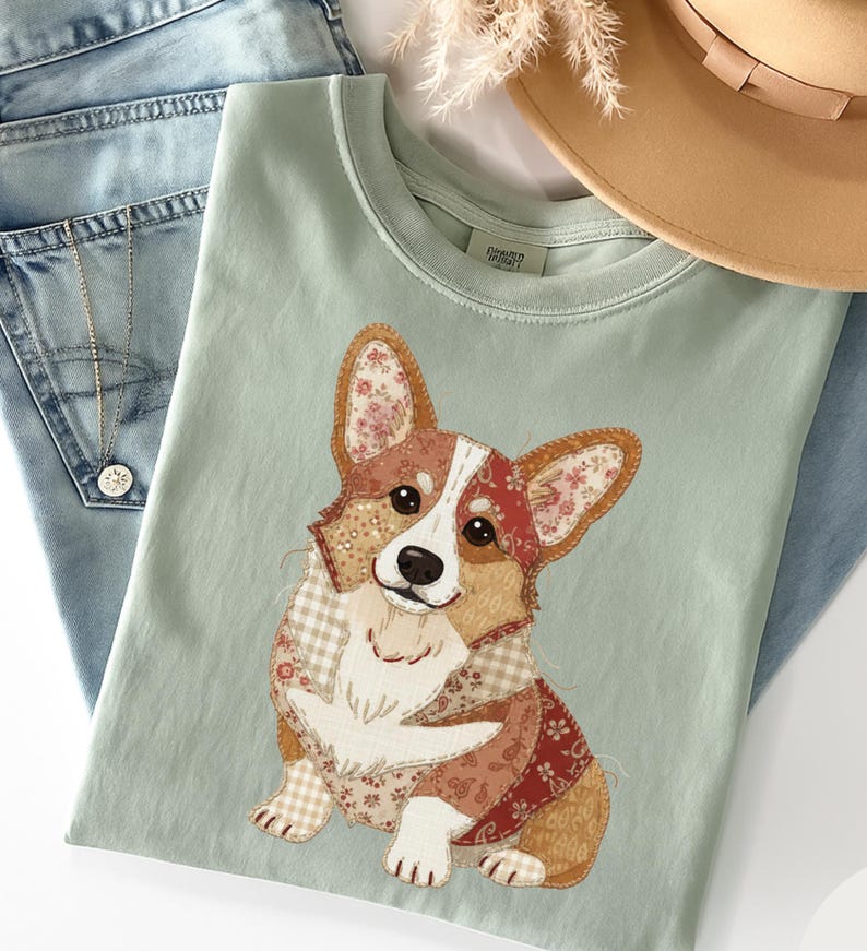 Faux Patchwork Corgi dog Shirt, Cute dog Graphic Tee, Vintage Quilt Style T Shirt, Corgi Lover Gift, Dog Mom Gift Comfort Colors Tee image 8