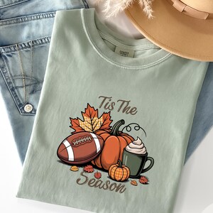Tis the Season Fall T-shirt, Pumpkin Spice Coffee Football shirt, Autumn Cozy Shirt, Thanksgiving Shirt, Fall Vibes, Womens Fall Outfit.