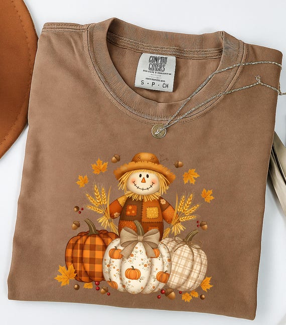 Pumpkin Scarecrow Fall T-Shirt, Autumn Harvest Graphic Tee, Comfort Colors® Thanksgiving Shirt, Rustic Plaid Pumpkin Top