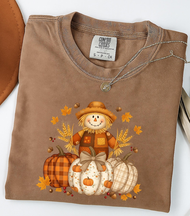 Pumpkin Scarecrow Fall T-Shirt, Autumn Harvest Graphic Tee, Comfort Colors® Thanksgiving Shirt, Rustic Plaid Pumpkin Top image 1
