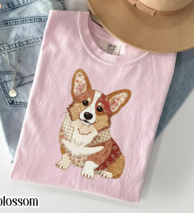 Faux Patchwork Corgi dog Shirt, Cute dog Graphic Tee, Vintage Quilt Style T Shirt, Corgi Lover Gift, Dog Mom Gift Comfort Colors Tee image 7
