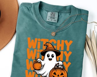 Camiseta floral de bruja fantasma, camiseta de Halloween de colores cómodos para mujer, linda calabaza de otoño, camiseta de fiesta de temporada espeluznante, regalo para amantes de los fantasmas, bruja