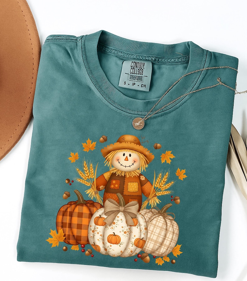 Pumpkin Scarecrow Fall T-Shirt, Autumn Harvest Graphic Tee, Comfort Colors® Thanksgiving Shirt, Rustic Plaid Pumpkin Top image 8