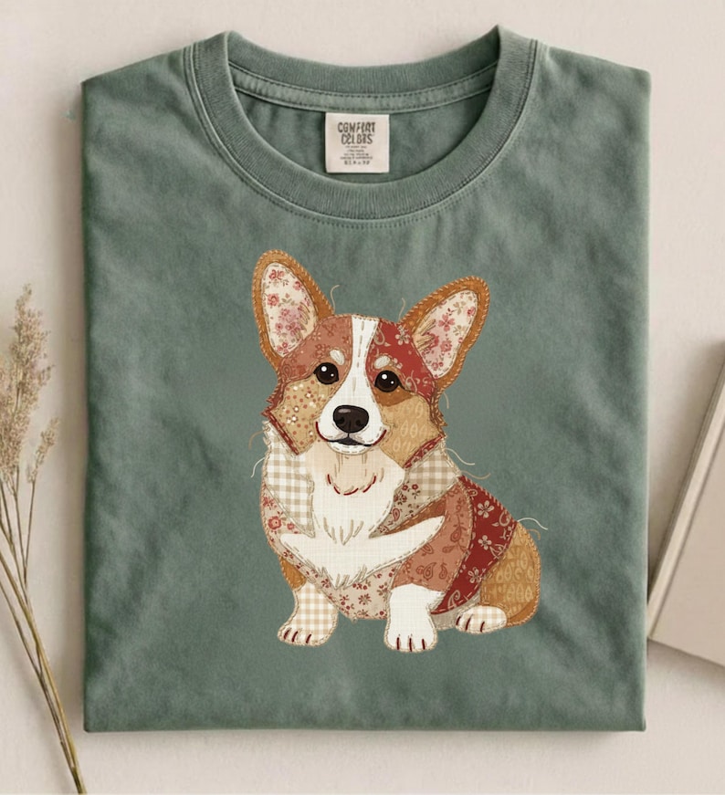 Faux Patchwork Corgi dog Shirt, Cute dog Graphic Tee, Vintage Quilt Style T Shirt, Corgi Lover Gift, Dog Mom Gift Comfort Colors Tee image 4