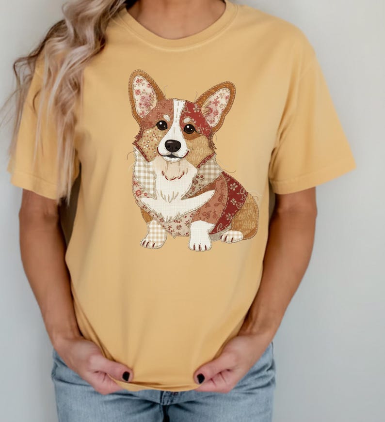 Faux Patchwork Corgi dog Shirt, Cute dog Graphic Tee, Vintage Quilt Style T Shirt, Corgi Lover Gift, Dog Mom Gift Comfort Colors Tee image 2