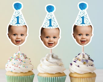 Customized Different Faces Photo Party hat cupcake topper for first milestone birthday photos party hat cupcake decoration face on stick