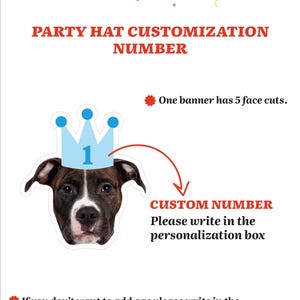 May include: A graphic with text that reads "PARTY HAT CUSTOMIZATION NUMBER." It features a dog wearing a blue crown with the number 1. Text below the dog says "CUSTOM NUMBER Please write in the personalization box."