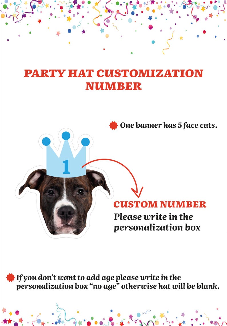 May include: A graphic with text that reads "PARTY HAT CUSTOMIZATION NUMBER." It features a dog wearing a blue crown with the number 1. Text below the dog says "CUSTOM NUMBER Please write in the personalization box."