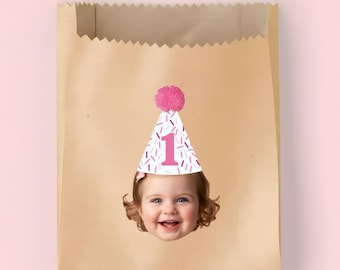 Custom Face Paper Treat Bags, Personalized Party Favor Bags, First Birthday Decor, Any Age Birthday Decorations