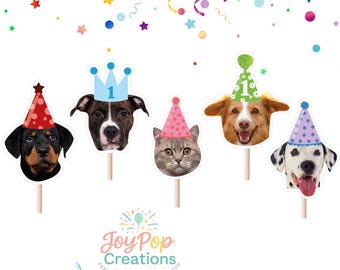 Custom Pet Photo Cupcake Toppers, Personalized Pet Photo Topper, Dog Theme Birthday Party Decorations, Cat Birthday Decor, Puppy Party