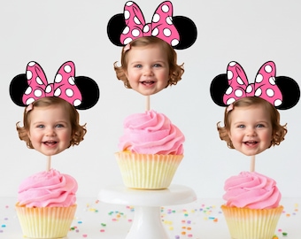 Minnie Mouse Personalized Birthday Cupcake Toppers, Mickey Minnie Face Cupcake Toppers, Disneyland Theme Birthday Decorations, Disney Party