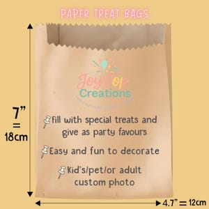 May include: Kraft paper treat bag, 18 cm tall and 12 cm wide, with text: "Fill with special treats and give as party favours." The bag is from Joy of Creations, for party supplies. The bag is for party favours.