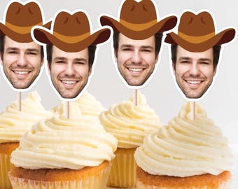 Cowboy Cupcake Topper mit benutzerdefiniertem Gesicht Foto, Bachelorette Party Dekorationen, Cowboyhut Cupcake Topper, Bräutigam Gesicht