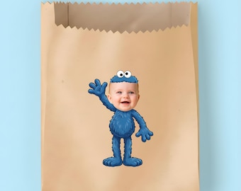 Cookie Monster Inspired Custom Face Party Bags, Sesame Street Goodie Bags, Cookie Monster Birthday Decor, 1st Birthday, Any Age Birthday