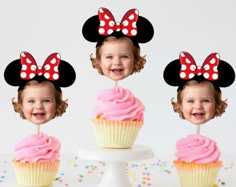 Minnie Mouse Personalized Birthday Cupcake Toppers, Mickey Minnie Face Cupcake Toppers, Disneyland Theme Birthday Decorations, Disney Party