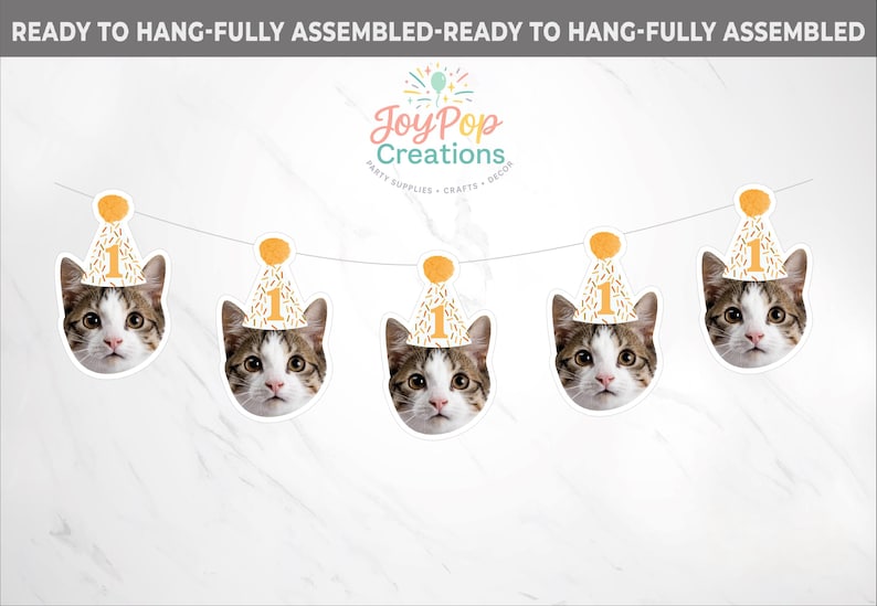 May include: A banner featuring five cat faces wearing party hats with the number 1. The hats are white with gold confetti and a gold pom-pom. The cat faces are brown, white, and gray. The banner is strung on a white string.