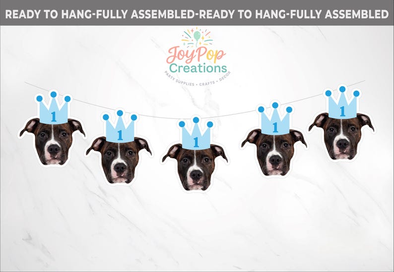 May include: A banner featuring five dog faces wearing light blue crowns with the number 1. The dogs have brown and white fur. The banner is strung on a white string. Text at the top reads "READY TO HANG-FULLY ASSEMBLED".