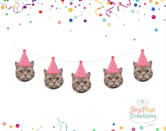 May include: A festive banner featuring five cat faces wearing pink party hats. The cat faces are gray and white with yellow eyes. The banner is strung with a white string and is decorated with colorful confetti and streamers.