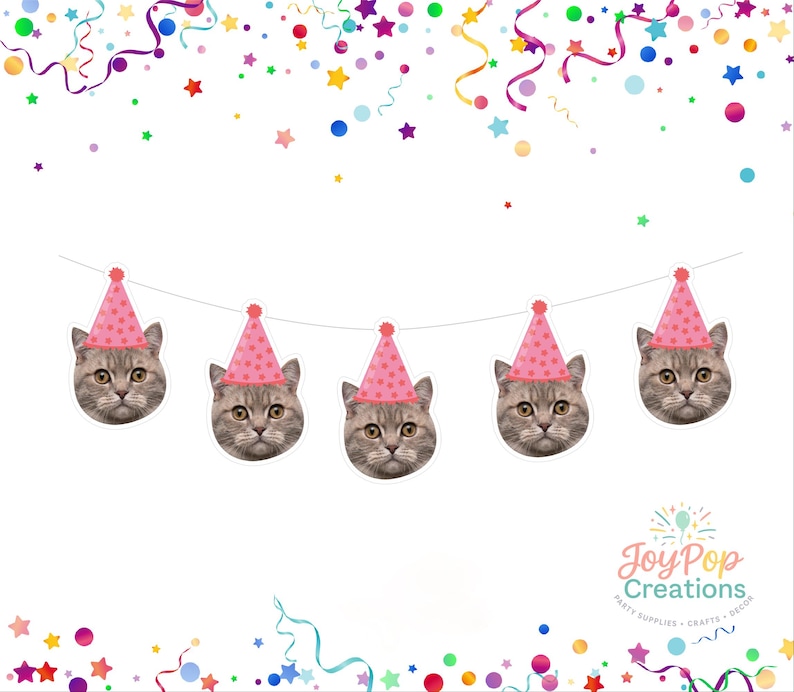 May include: A festive banner featuring five cat faces wearing pink party hats. The cat faces are gray and white with yellow eyes. The banner is strung with a white string and is decorated with colorful confetti and streamers.
