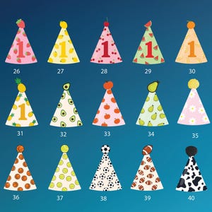 May include: Image showing various party hat designs with fruit, sports ball, and other decorative themes. The hats are numbered 26-40 and include text that says "COLOR & HAT CUSTOMIZATION OPTIONS".